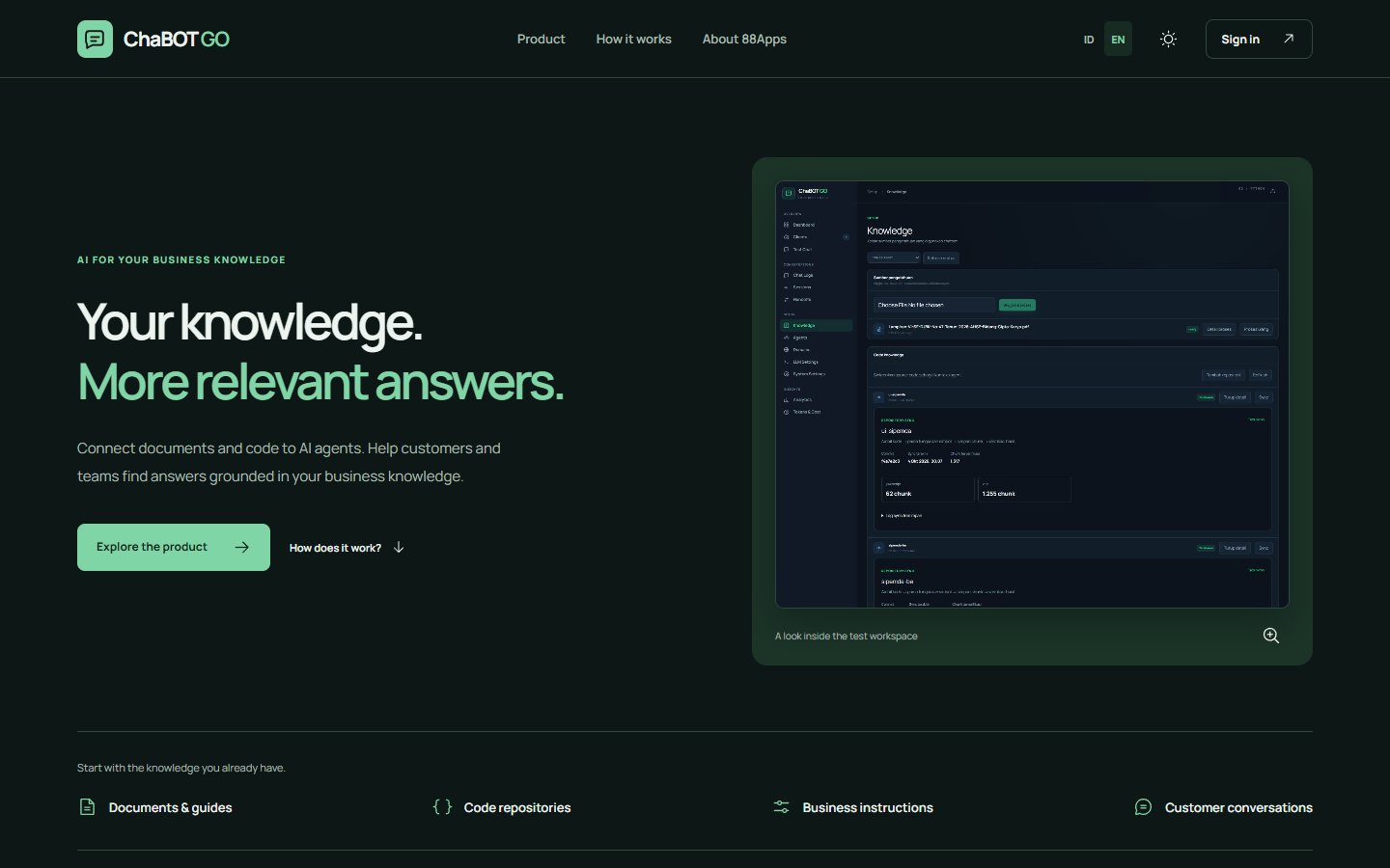 ChaBOT GO public homepage with its business knowledge tools and test workspace preview