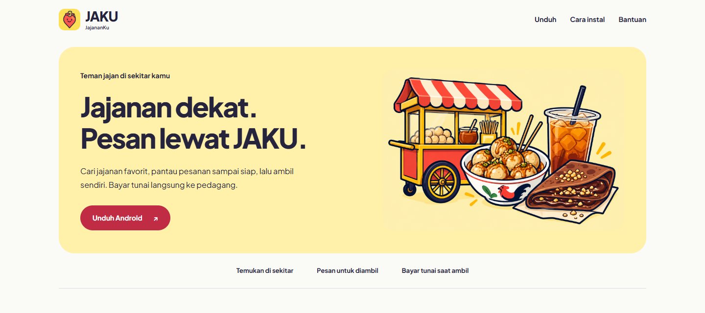 JAKU public homepage introducing nearby snack discovery and pickup orders, with a link to its Android download