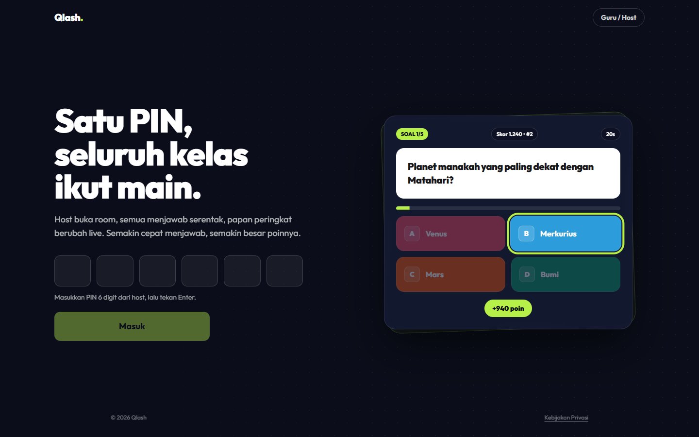Qlash public homepage with its room PIN entry and example live quiz question