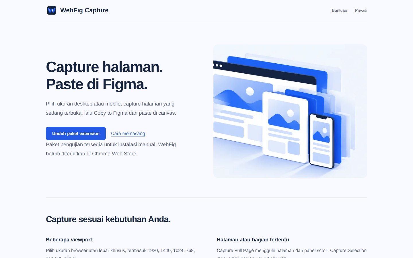 WebFig Capture public homepage showing its capture workflow, manual extension download, and installation guide
